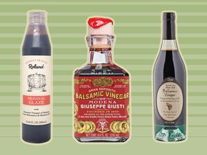 Assortment of recommended balsamic vinegar displayed on a two toned green striped background